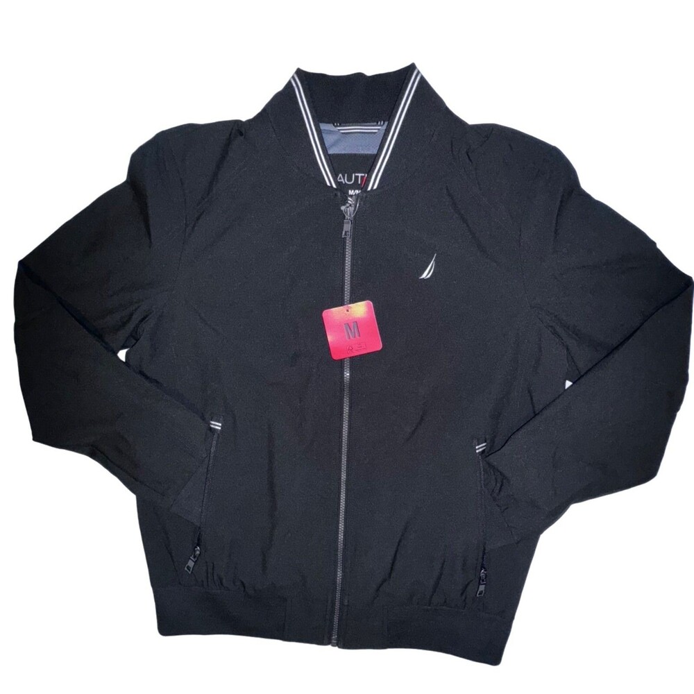 Nautica Mens Medium Black Full-Zip Windbreaker Rain Jacket Embroidered Logo New